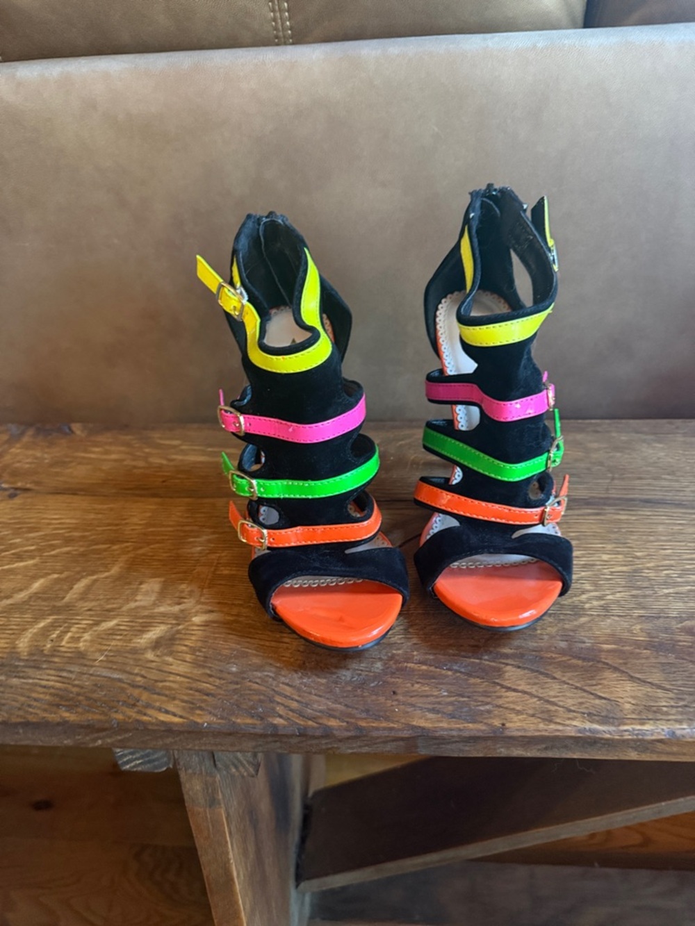 Alba Black Suede High Heel Sandals with Neon Yellow, Pink, Green & Orange Straps